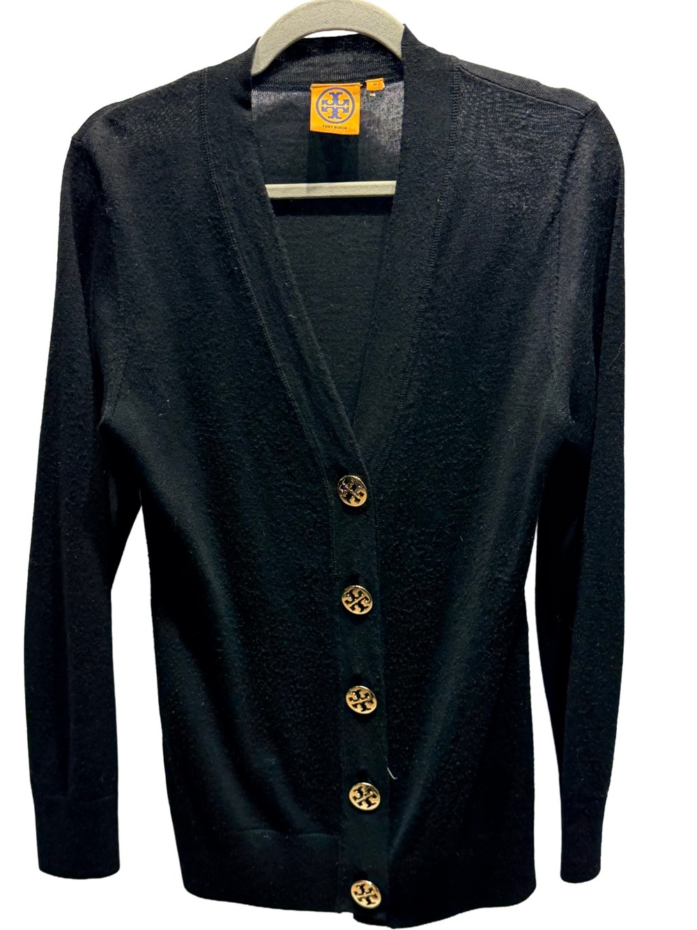 Tory Burch Black Cardigan with Gold Logo Buttons - Size M
